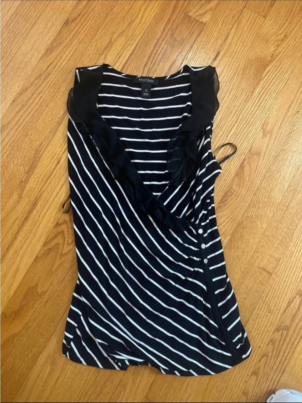 White House Black Market Black & White Striped Ruffle Wrap Tank